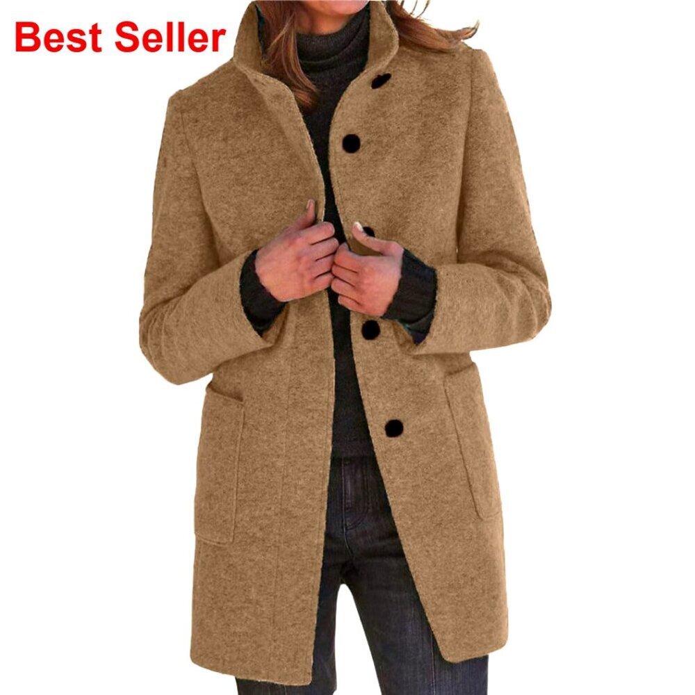 Wool Blend Pea Coat with Stand Collar Long Sleeve Thigh Length